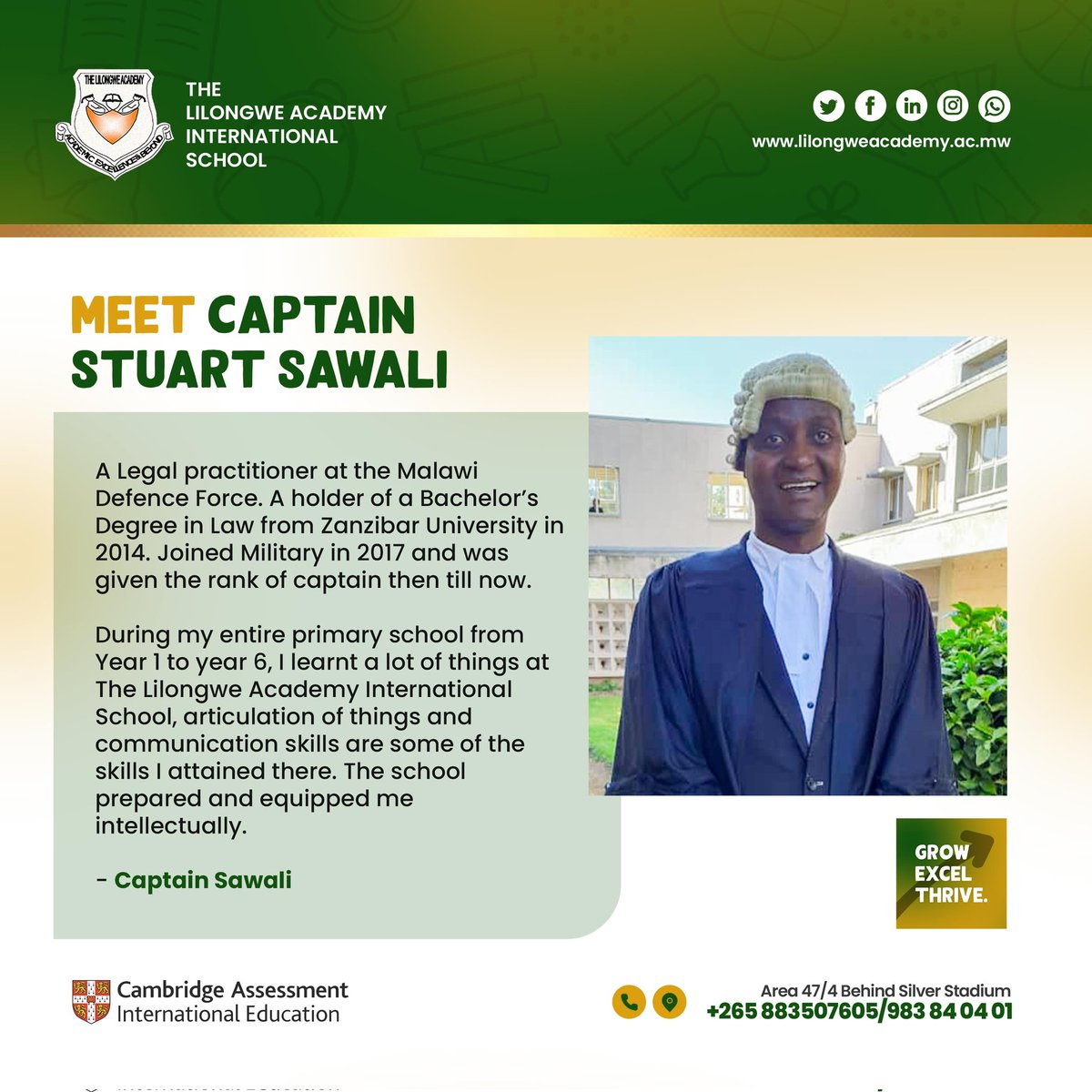 LilongweAcademy's tweet image. WHERE ARE THEY NOW SERIES
CELEBRATING OUR ALUMNI!👏🏾

As we continue from episode 1 where we showcased a scientist. 

Meet Captain Stuart Sawali, from TLAIS to being part of the legal profession and the Defense Force. 🎖️

#WhereAreTheyNow #CambridgeLearning #EnrolToday #TLAIS
