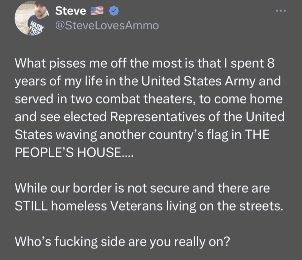 I’ve gotta’ say, I agree with Steve 100%. Thank you for your service Steve. Sorry our country has turned into a bunch of traitors, sellouts, money launderers, cheats, criminals and treasonous pigs. Who agrees with Steve? 👇🙋‍♂️