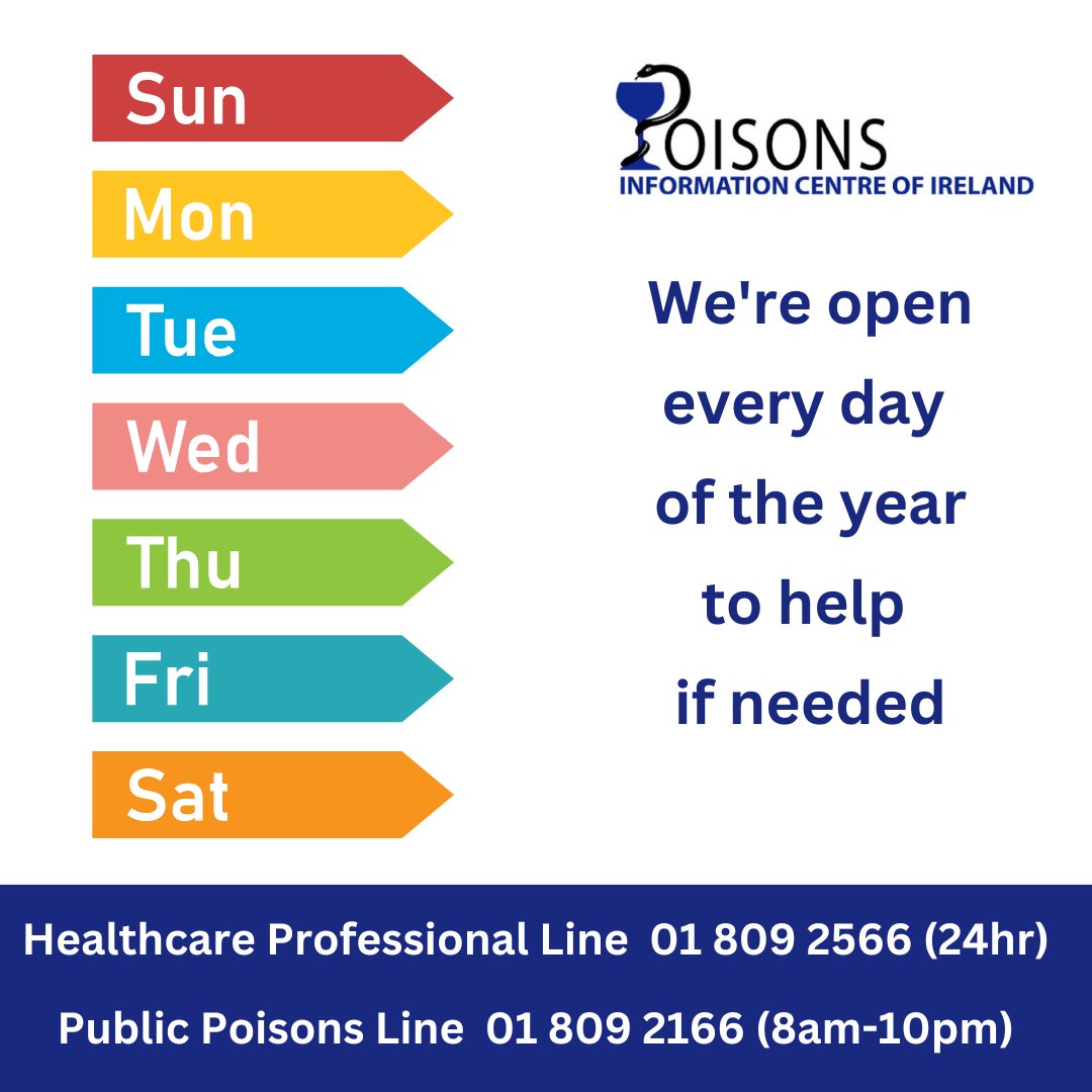 If poisoning occurs, a phone call to @IrelandNpic will ensure swift access to appropriate advice. Often a child/adult may not need to visit a hospital/GP and we'll provide reassurance but if there is a potential risk, we'll direct you to seek medical advice