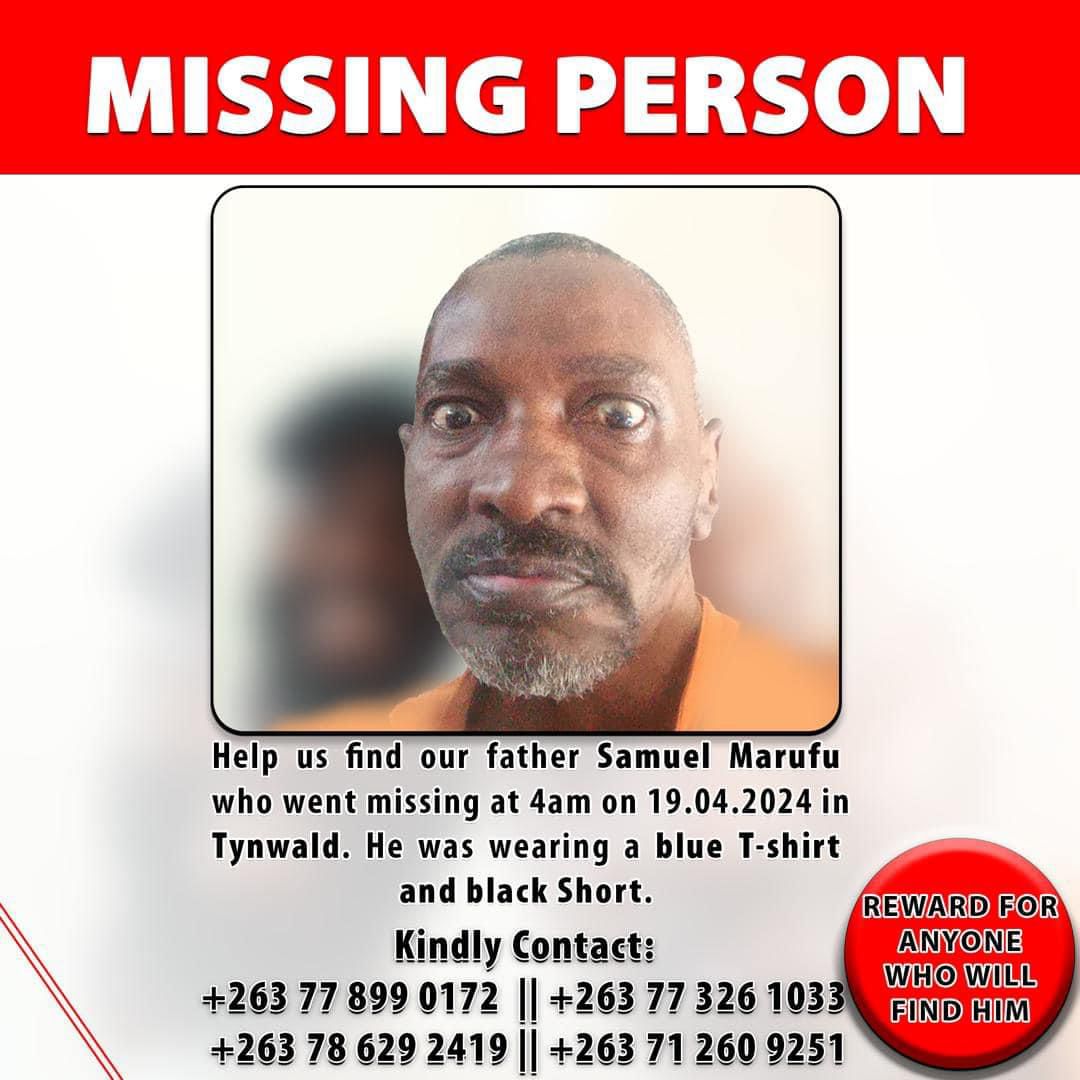 Dear all Please help Marufu Family to find Samuel Marufu who went missing in Tynwald on the 19th of Apri 2024.The family promised a reward to anyone with information. Kindly contact the family or the nearest Police @JoanaMamombe @KudzieKadzombe