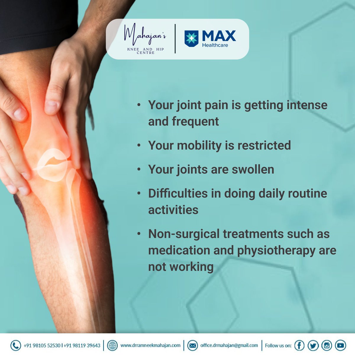 When is the right TIME to consider joint replacement surgery?

Let us give you a little help there👆🏻

#surgery #jointreplacement #joint #jointpain #drramneekmahajan #doctors #health #wellbeing