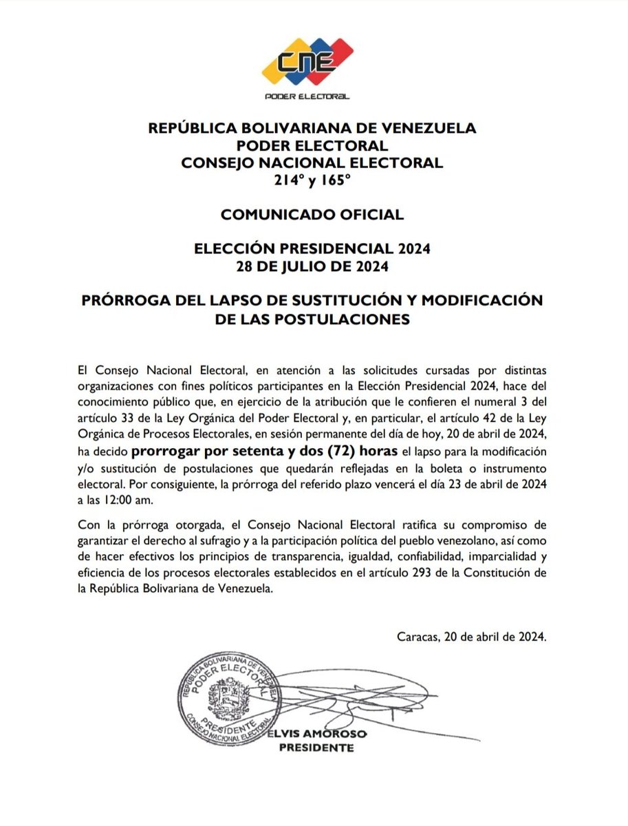 #COMUNICADO🔴 El Poder Electoral Venezolano @cneesvzla decidió prorrogar por 72 horas el lapso para la modificación y/o sustitución de postulaciones que quedarán reflejadas en la boleta o instrumento electoral. #21Abr #EnComunaVzlaDecide #Comuna #PoderPopular #ConsultaPopular