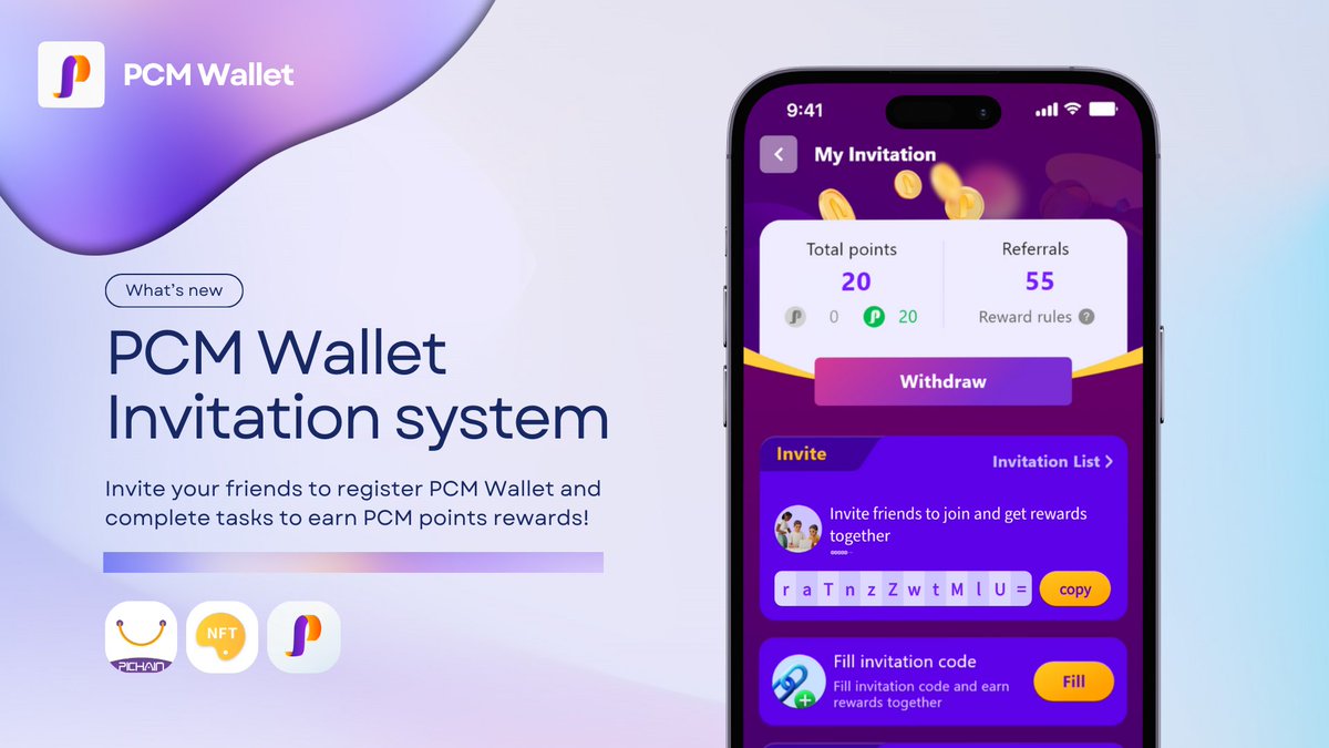 🎉 Big news! The PCM Wallet invitation system has arrived! 🚀 Start inviting your friends to join PCM Wallet and earn PCM points by completing tasks together! 

Simply go to your profile, click 'invite user,' and get your invite code. Remember to complete least 3 tasks to earn