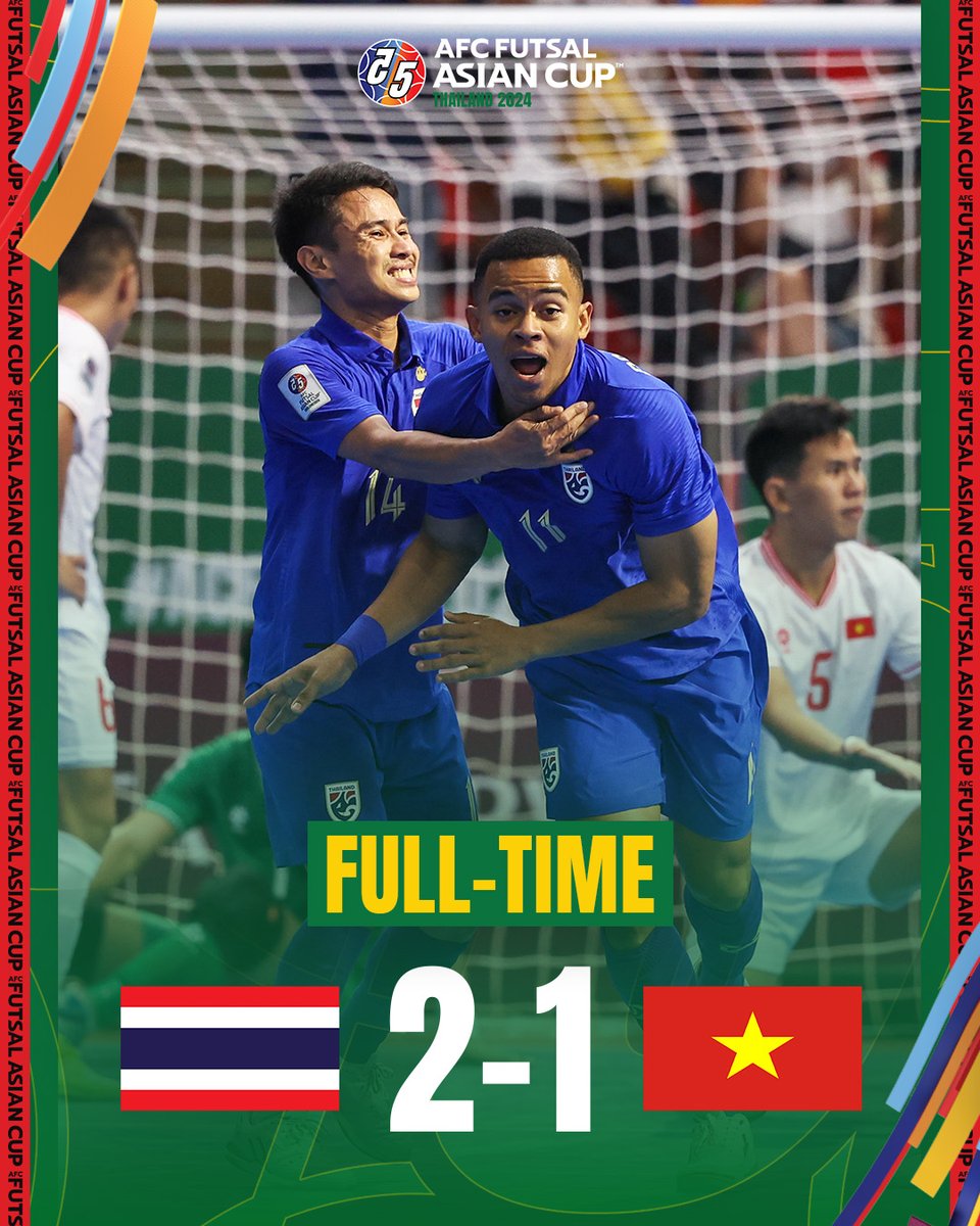FT | 🇹🇭 Thailand 2️⃣-1️⃣ Vietnam 🇻🇳

It’s 3️⃣ wins in 3️⃣ for the hosts 💯

#ACFutsal2024 | #THAvVIE