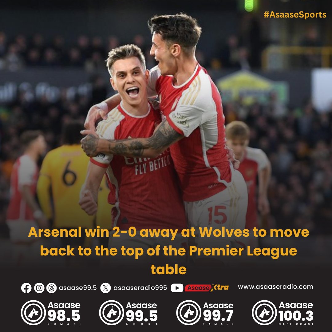 Arsenal win 2-0 away at Wolves to move back to the top of the Premier League table

#AsaaseSports #PremierLeague