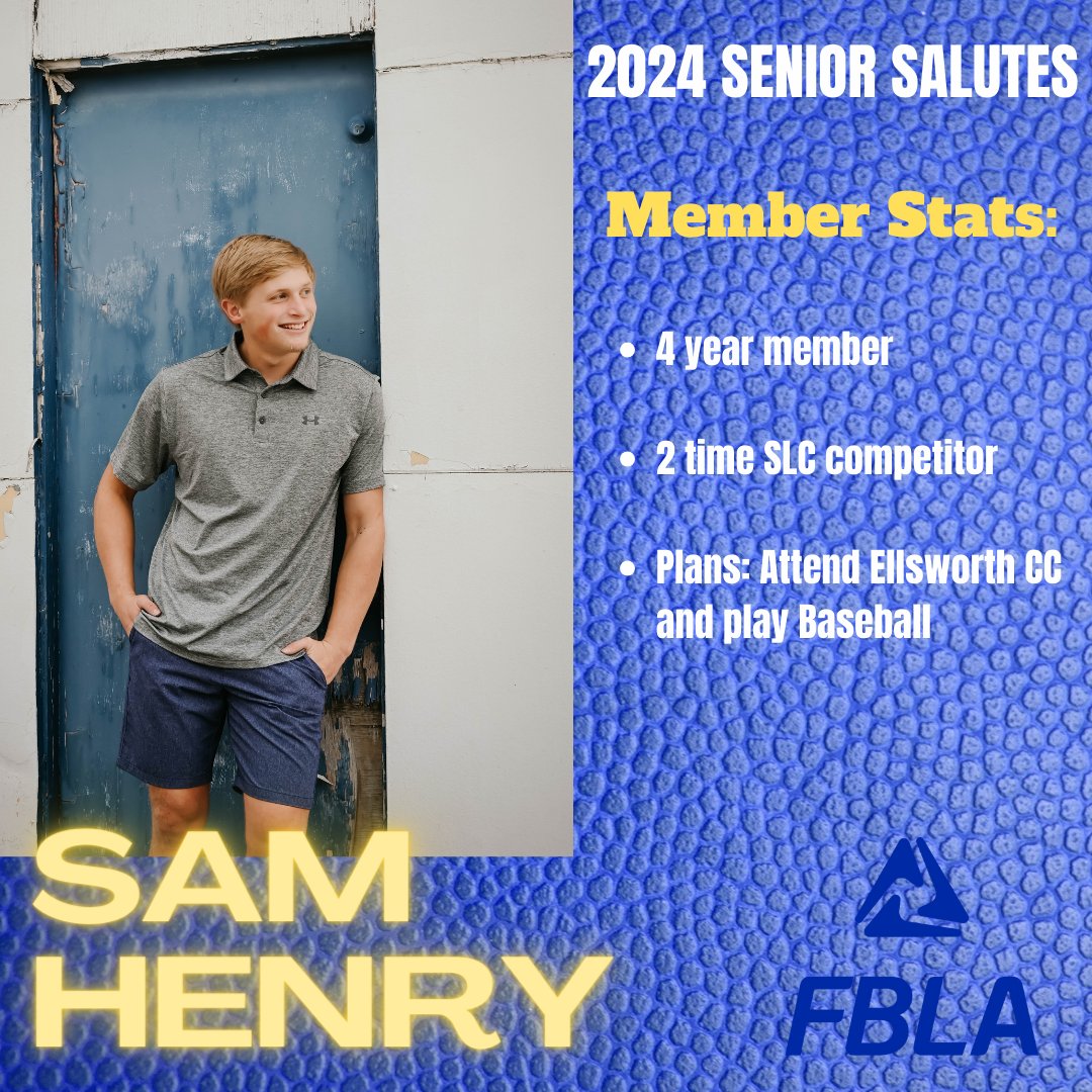 Our fifth #seniorsalute goes out to 4 year member Sam Henry. His favorite memory was SLC 2023 when he won Digital Video Production with Conner. He thinks people should join so you can be involved in your community and school. Best Wishes to you, Sam 🎓