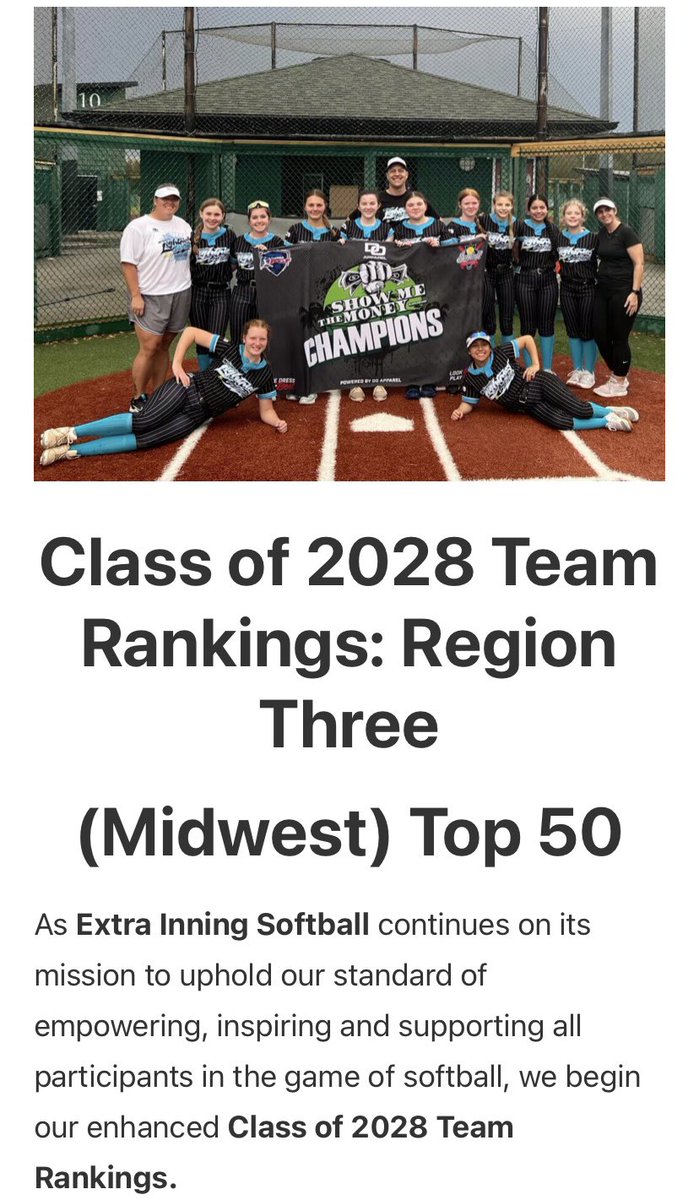 Thank you, @ExtraInningSB! We have been ranked # 6 in the Midwest! Hard work and dedication pays off! We aren’t done yet!! @WI_LightningSB