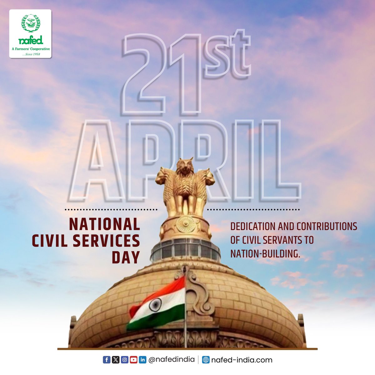 Today, we honor the dedication and hard work of civil servants who tirelessly serve our nation. From ensuring public safety to delivering essential services, their commitment is invaluable.

#NAFED #NAFEDIndia #NationalCivilServiceDay #CivilServants #CivilServices