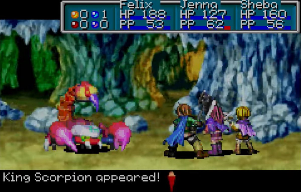 GoldenSunFans's tweet photo. One of the things I love about TLA is how not every dungeon had a boss at the end. It made the boss fights unpredictable as you didn’t know if one was coming up or not.

Briggs in Alhafra must have caught a lot of players out as they had only just beaten the King Scorpion. https://t.co/l5HL6ejuLY