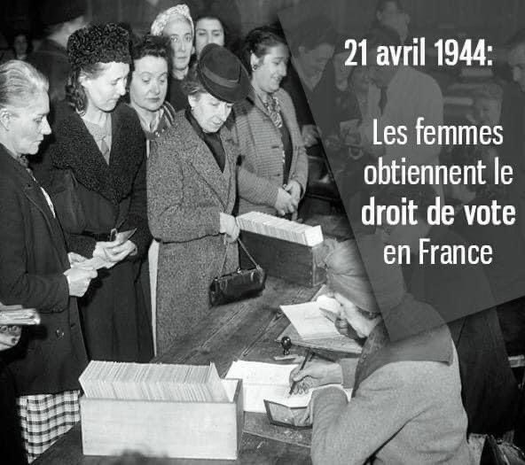 Le 21 avril 1944, les femmes françaises obtiennent le droit de vote. 

Un droit conquis, fruit de longs combats féministes. 

80 ans après, la lutte pour l’égalité réelle continue ! #droitsdesfemmes
#Droitsfondamentaux