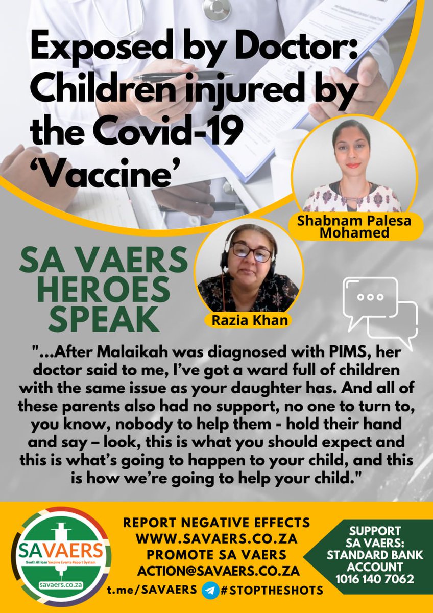 @HouseLyndseyRN @ShankaraChetty 🛑 SA VAERS HEROES SPEAK Meet Razia Khan, mother of C19 shot injured Malaikah Khan (Age 16) - diagnosed with Pericarditis and Multi-System Inflammatory Syndrome. 'They [DOH] said to us Malaikah is the next child on our list (this was over a year ago), and we will be looking at