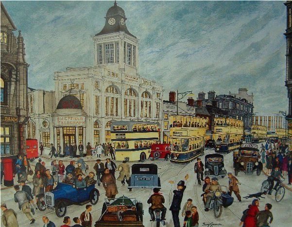 Former Telegraph and Star building, Sheffield, by nostalgia artist Terry Gorman (1935-2018). Later became shops, offices and flats. #NorthernArt