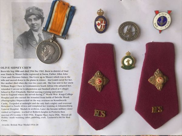 WW1 Female British War Medal And Ephemera South African Nurse Olive Sidney Chew
