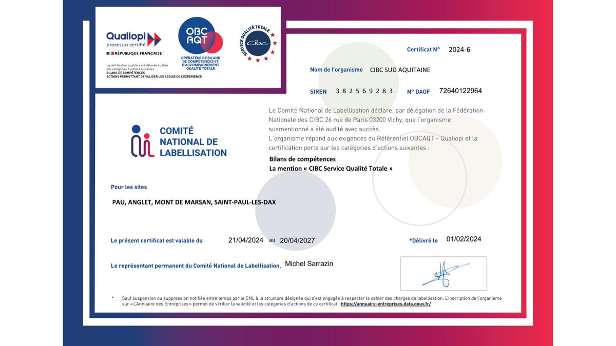 #Bilandecompétences #Certification #Qualité

3 mots qui, pour de nouveau 3 ans, riment avec #CIBC #SudAquitaine !

Cette reconnaissance nationale nous honore et nous oblige à demeurer LA référence locale en matière d'accompagnement en #évolution et #reconversion professionnelles.