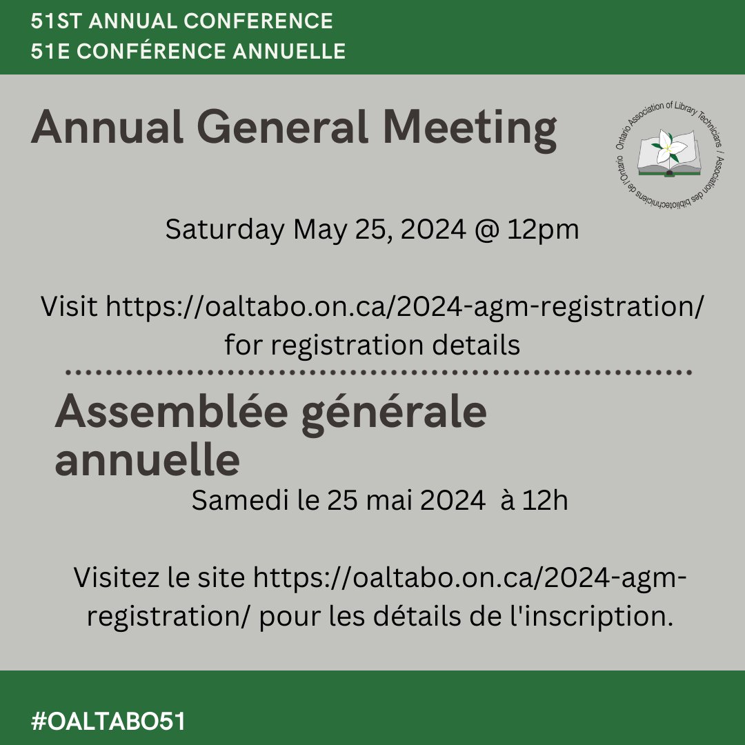 OALTABO's tweet photo. The 51th Annual General Meeting of OALT/ABO will be held separately from our annual conference. It will take place on Saturday, May 25, 2024 at 12:00pm remotely via Zoom.
Registration details are available at https://t.co/N8dURplpOQ https://t.co/onyVeEoibC