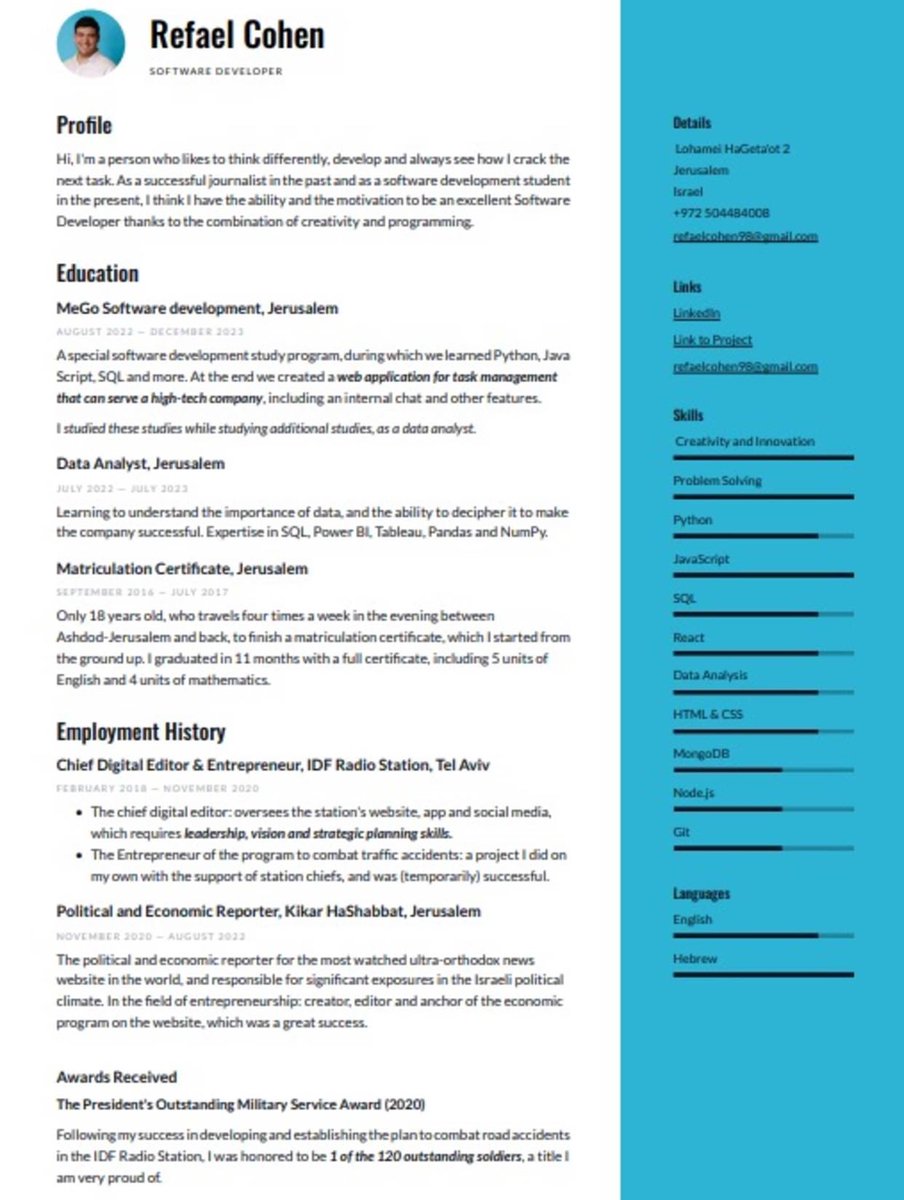 הרמב"ם כותב שמצוות הצדקה המעולה היא "ממציא לו מלאכה", אז ברוח "קמחא דפסחא" - אשמח למצוא עבודה. 
אני מחפש משרת ג'וניור כ-Software developer, אבל חושב שיש ביכולתי לתרום גם כ-Product manager בהתבסס על הניסיון שלי (אם כי בזה אצטרך סיוע נוסף).  
מבטיח להיות חרוץ ואיש סבבה 😅
שתפו ❤️🙏🏻