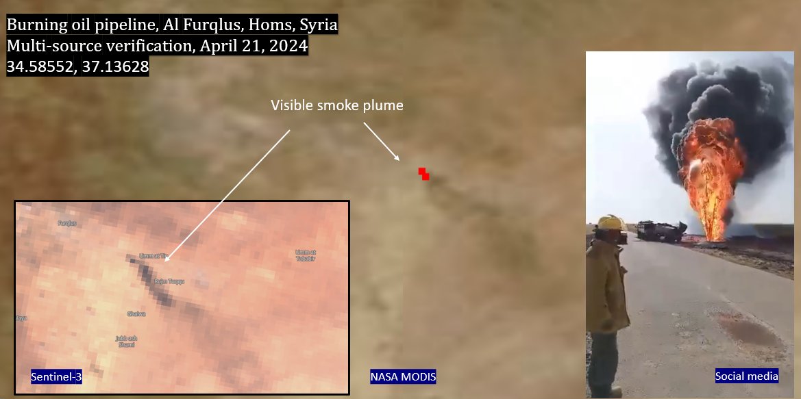 People trying to tap into an oil pipeline to Homs in #Syria died after the pipeline exploded, cause a huge fire. Quick multi-source verification of the incident with publicly available satellite imagery