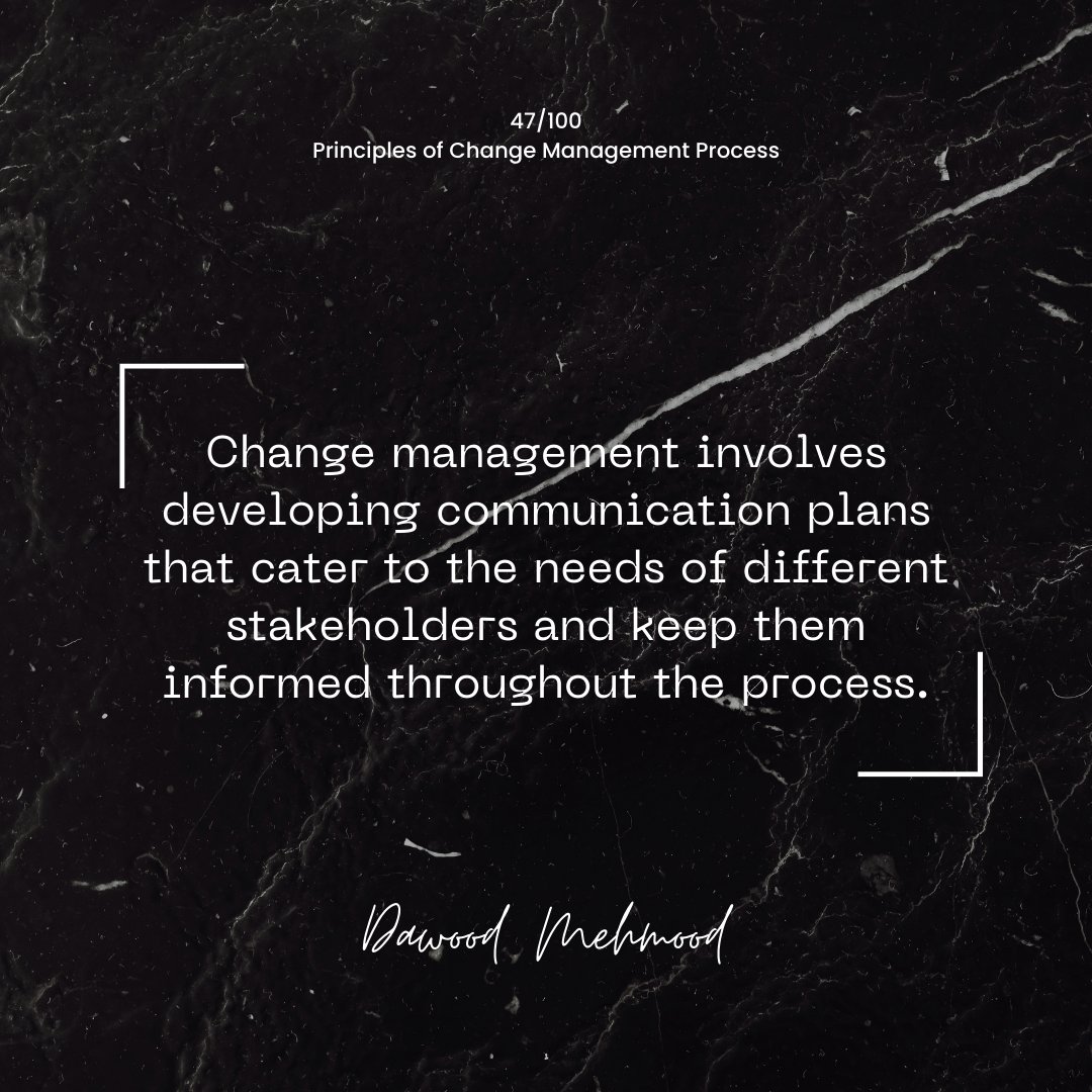 Change management involves developing communication plans that cater to the needs of different stakeholders and keep them informed throughout the process.

#ChangeManagement #OrganizationalChange #ChangeProcess #ChangeLeadership #TransformationManagement #Adaptability