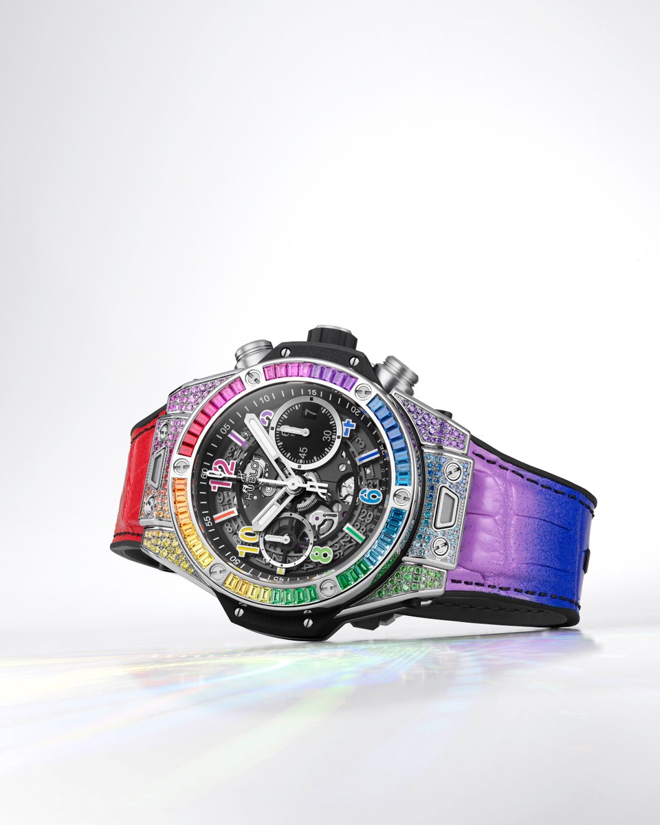 Set with 170 rubies, pink sapphires, amethysts, blue sapphires, blue topazes, tsavorites, yellow sapphires and orange sapphires, the case of the Big Bang Unico Titanium Rainbow is mesmerizing. #Hublot bit.ly/44bmlk0