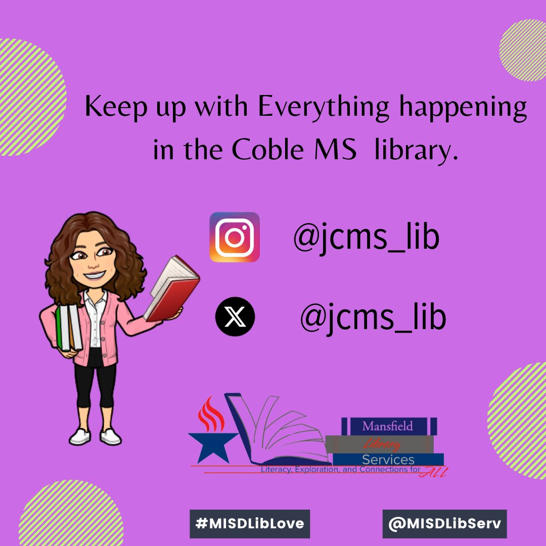 Follow the Coble MS Library @jcms_lib #teacherlibrarians #LifeReady #Vison2030 #MisdLibLove #SchoolLibraryMonth24 
@MansfieldISD