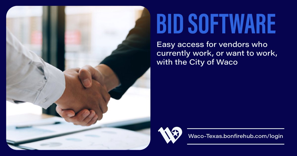 Calling all vendors!

The City of Waco is using a new online software that allows us to issue bids/proposals and accept electronic bid submissions from vendors.

👉 Sign up here: waco-texas.bonfirehub.com/login

Thank you for your cooperation!

#wacotexas #wacotx