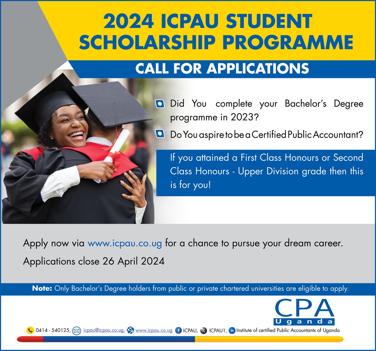 Are you ready to kick-start your career in accounting? Apply now for the ICPAU Student Scholarship Programme 2024 and pave the way for your future success via bit.ly/ICPAUScholarsh… #ICPAUScholarship2024 #WeCreateImpact