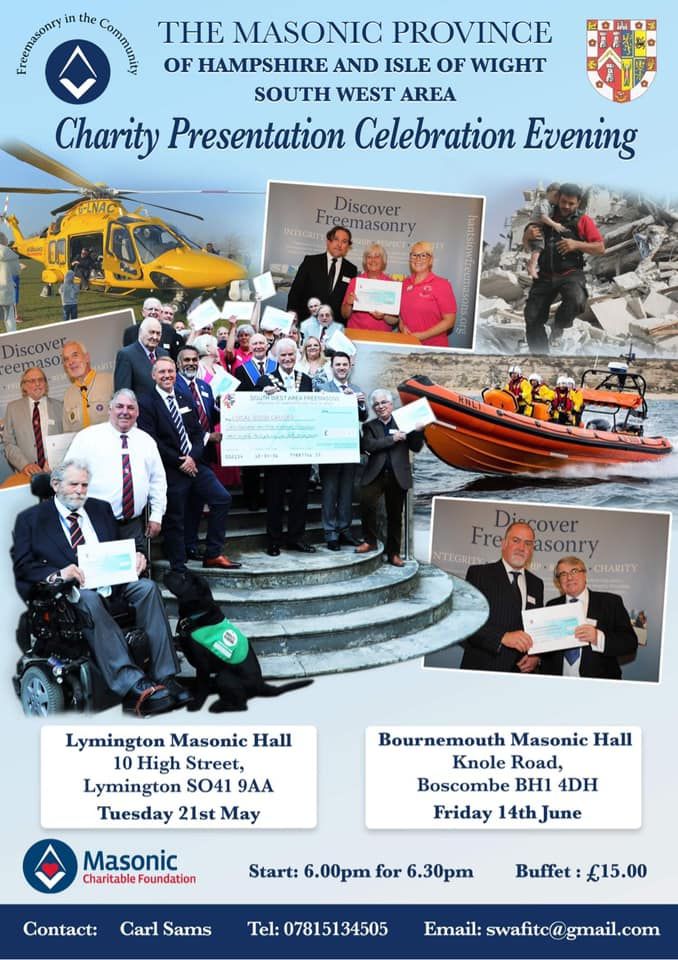 Only a month to go until the Charity Cheque Presentation to be held at the Lymington Masonic Hall on Tuesday 21st May 2024 - see you there!! 👇 👇