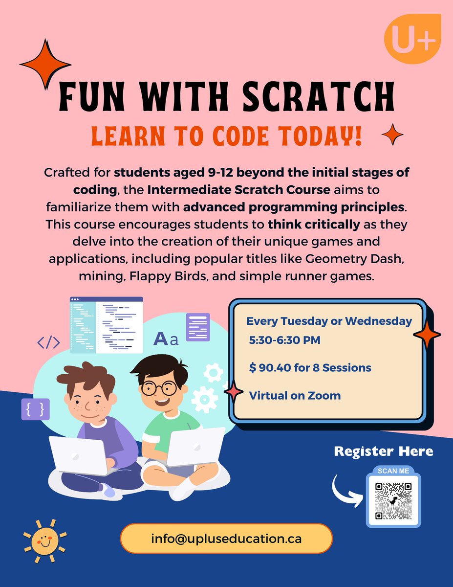 💻 Ready to take your coding skills to the next level? Look no further! With U+ Education's Coding Fundamentals with Scratch (Intermediate) program, you'll delve deeper into the world of coding! Visit upluseducation.ca/program/coding/ to learn more and enroll today! #IntermediateCoding