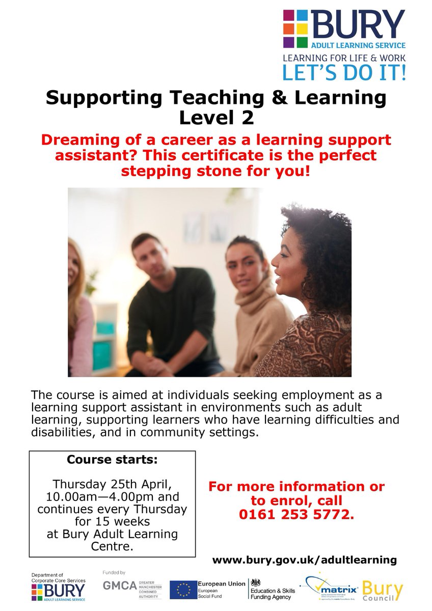 🎓 Interested in a career as a Learning Support Assistant? Check out the Supporting Teaching & Learning Level 2 course! Perfect for roles in adult learning, supporting learners with disabilities & community. Starts Apr 25, 10am–4pm, continuing every Thur for 15 weeks. See poster