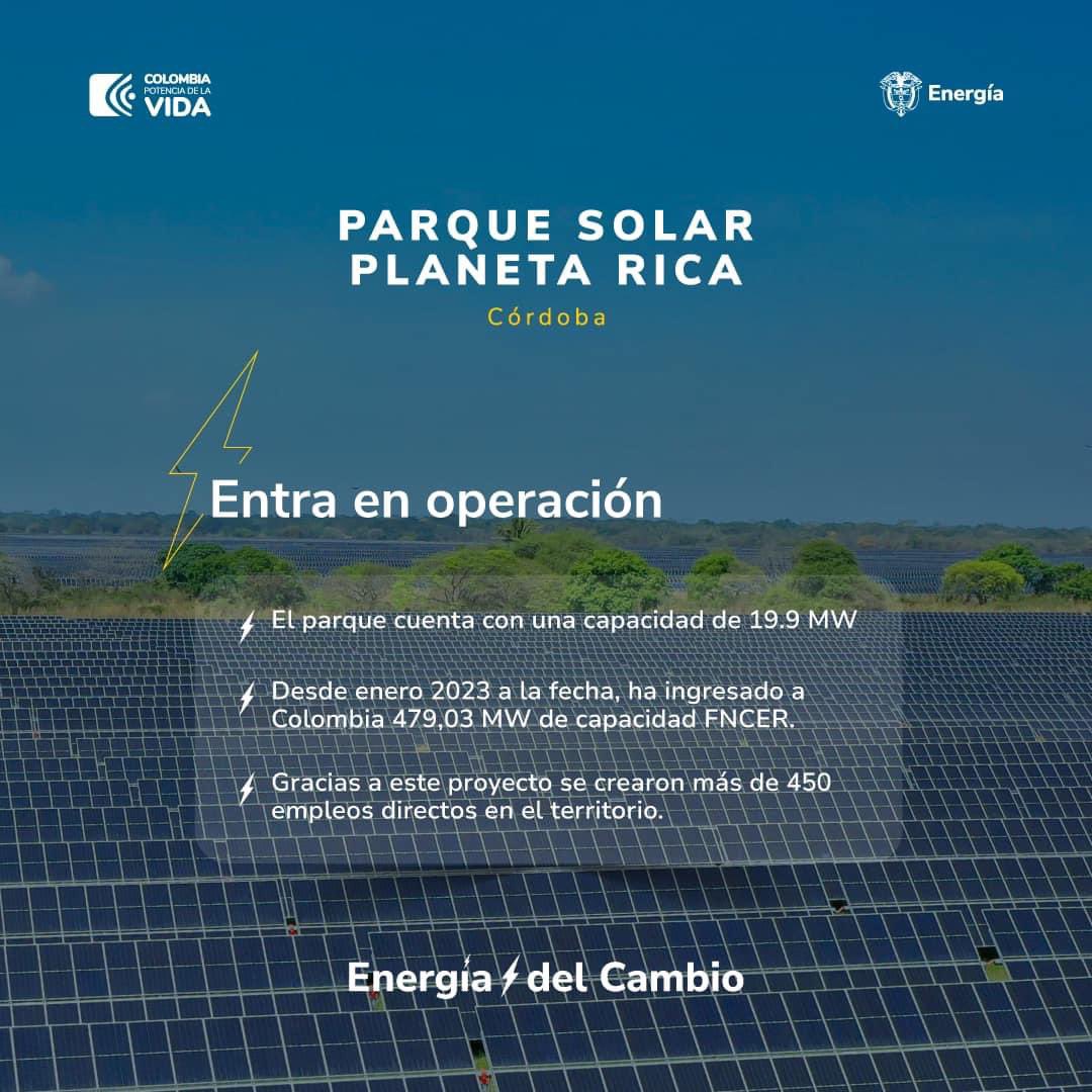 andrescamachom_'s tweet photo. #SeNotaElCambio 
¡La Energía Solar se fortalece!

En el país contamos con un amplio potencial solar que se evidencia en la puesta en marcha de proyectos que, por un lado diversifican nuestra matriz, al tiempo que le apuestan a la generación de Energía sostenible.

Esta última semana entró en operación comercial el parque solar Planeta Rica en Córdoba.

¡Energía⚡️del Cambio!