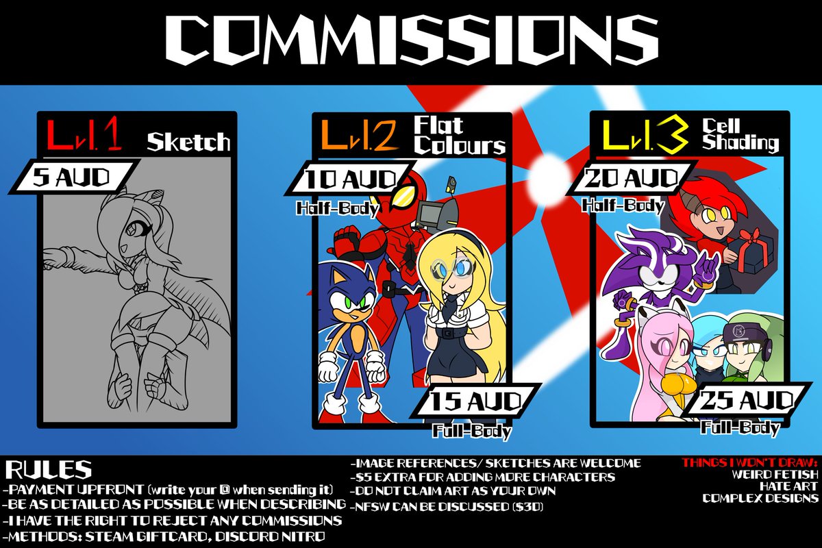 RayManX4's tweet photo. Okay, everyone! Just updated the commission sheet!
You can now buy commission with Steam Giftcards and Nitro! Nintendo Eshop was removed due to not working overseas https://t.co/17hCPpmk3x