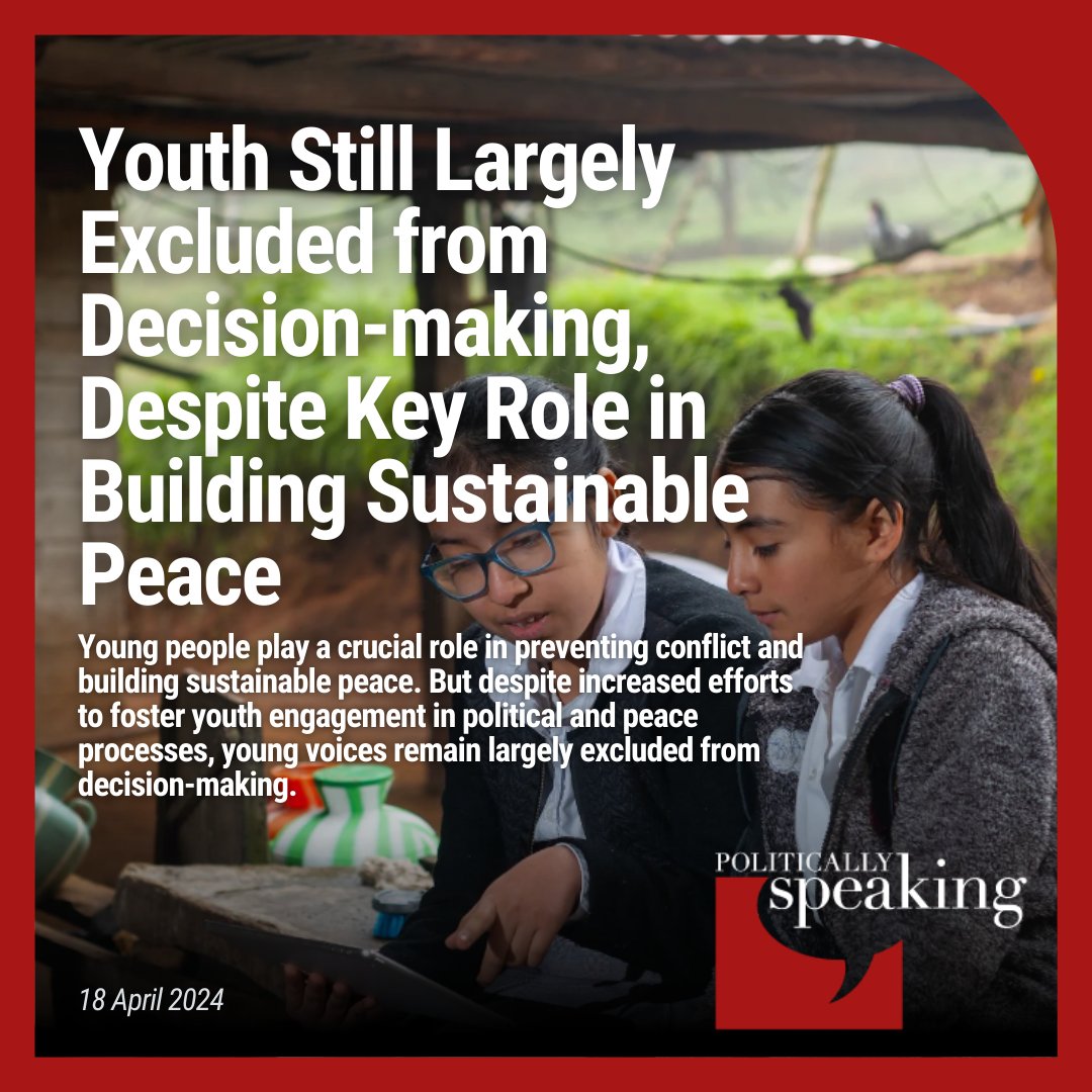 The participation of young people in decision-making can help foster peace and security. But how do we go from political commitment to tangible practice? More in Politically Speaking: dppa.medium.com/youth-still-la…