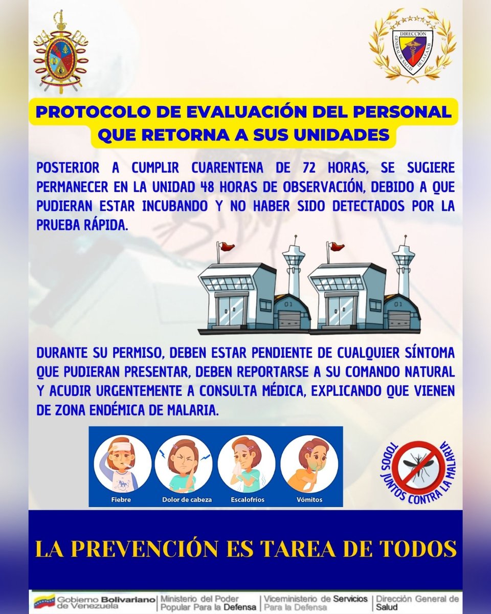 #DeInteres || Protocolo preventivo para el personal de la #FANB que sale de comisión.

#TodosJuntosContraLaMalaria 
#DigesaludFANBCuidaTuSalud