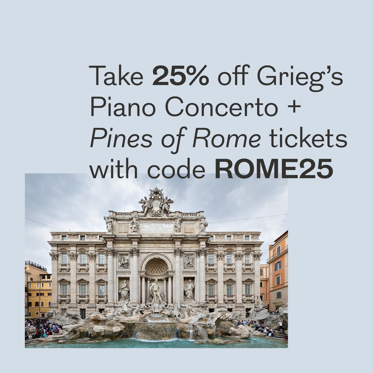 🎉🏛️ Celebrate the birth of Rome with a sale fit for emperors and goddesses! Take 25% off Grieg's Piano Concerto + 'Pines of Rome' tickets with code ROME25 now through April 30! 🎫 More information on the concert here >> bit.ly/49AxbB2