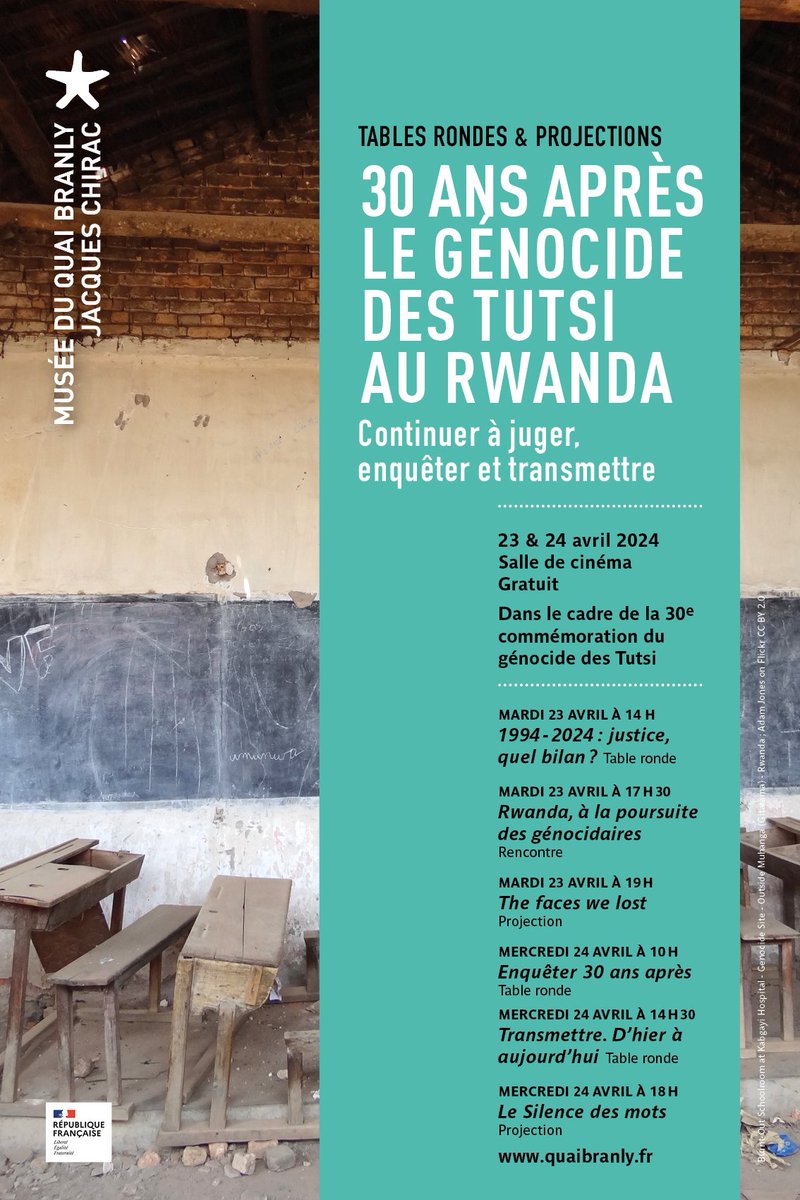 #Rwanda RV mardi 23 et mercredi 24 avril au @quaibranly autour de témoins, juristes et historiens pour évoquer l'histoire, la mémoire, la transmission et la justice du génocide contre les Tutsi. Merci à @IbukaFrance et à tou.te.s les participant.e.s. m.quaibranly.fr/fr/expositions…