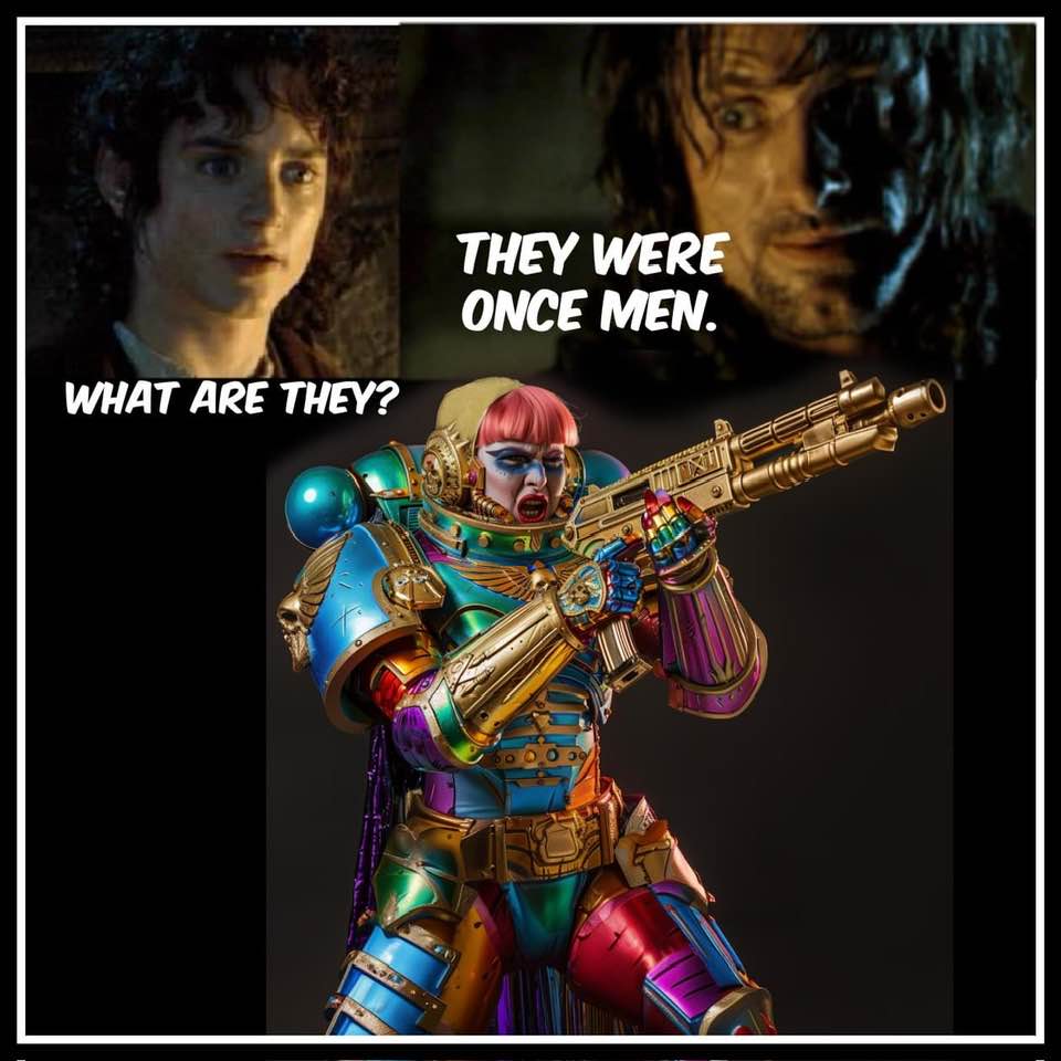 #Warhammer40k I mean, I'm all for the division and civil unrest created by 40K getting woke (and hopefully going broke), but can't both sides be satisfied by claiming that any female battle dudes in armor are actually men who transitioned into women? That means the normal, sane,