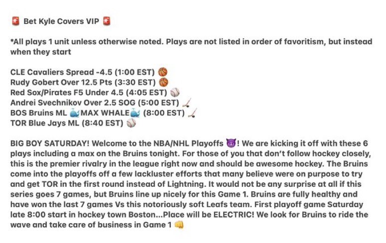 BetKyleCovers's tweet image. BACK TO BACK 6-0 SATURDAYS! 🧹🧹

Career 4+ month stretch that we just keep adding to!!! 🔥💰

Bruins ML MAX 🐳✅
Cavs -4.5 ✅
Gobert O12.5 Pts ✅
Sox/Pirates F5 U4.5 ✅
Svechnikov O2.5 SOG ✅
Blue Jays ML ✅

Never seen a run like this, and happy it’s us doing it 👊

Onto Sun 😎