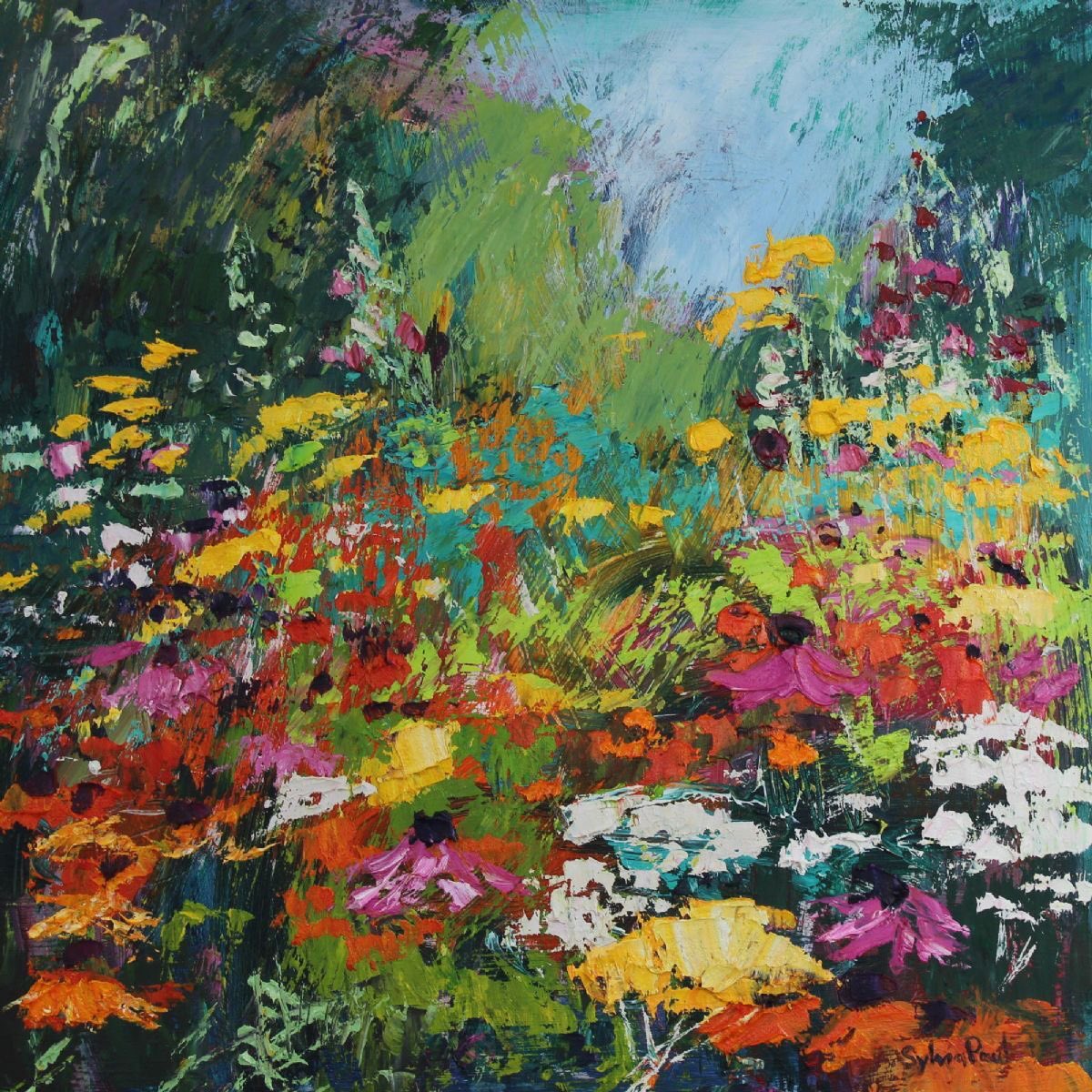 Sylvia Paul for a second painting ‘Zappy Garden’ Oil on Board Love the riot of colour, it does look ‘Zappy’ Back later. 🌷Helen 🌻📚