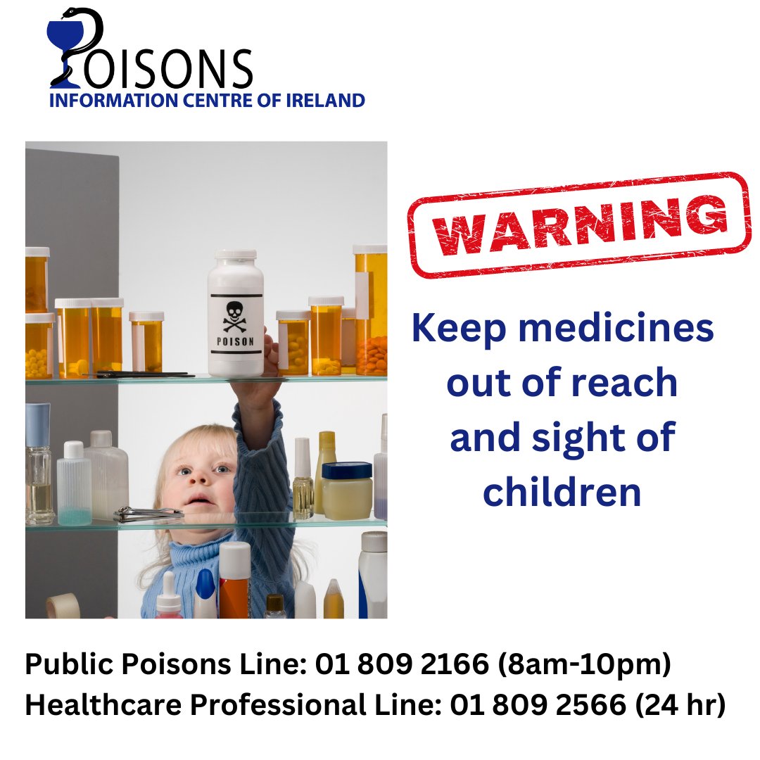 Store medicines out of reach and sight of children
Replace all caps/lids when products are not in use
If poisoning occurs call @IrelandNpic for urgent advice
Healthcare Line: 01 809 2566 (24hr)
Public Poisons Line: 01 809 2166 (8.00-22.00hr)