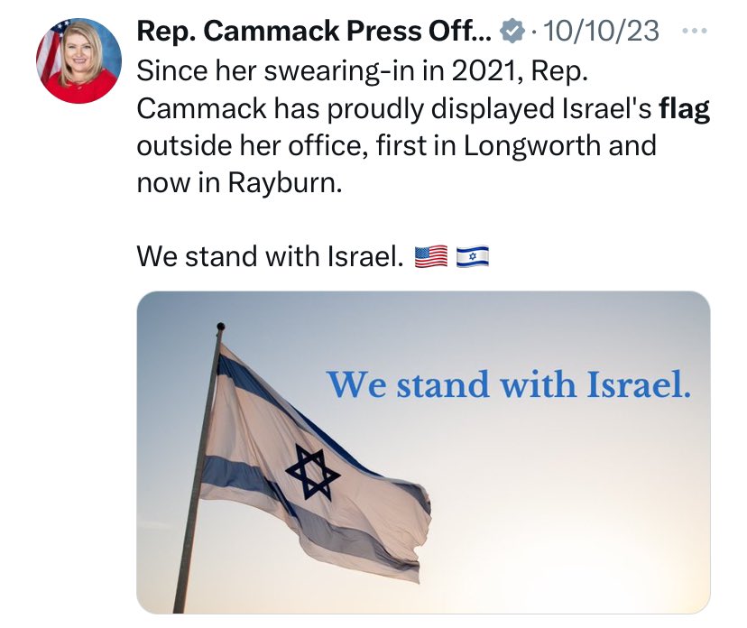 Fritschner's tweet image. Many of the Republicans pretending to be upset about this display the flags of a different foreign nation outside their Capitol Hill offices, including Kat Cammack.

They aren’t mad about foreign flags, they’re mad about Ukraine