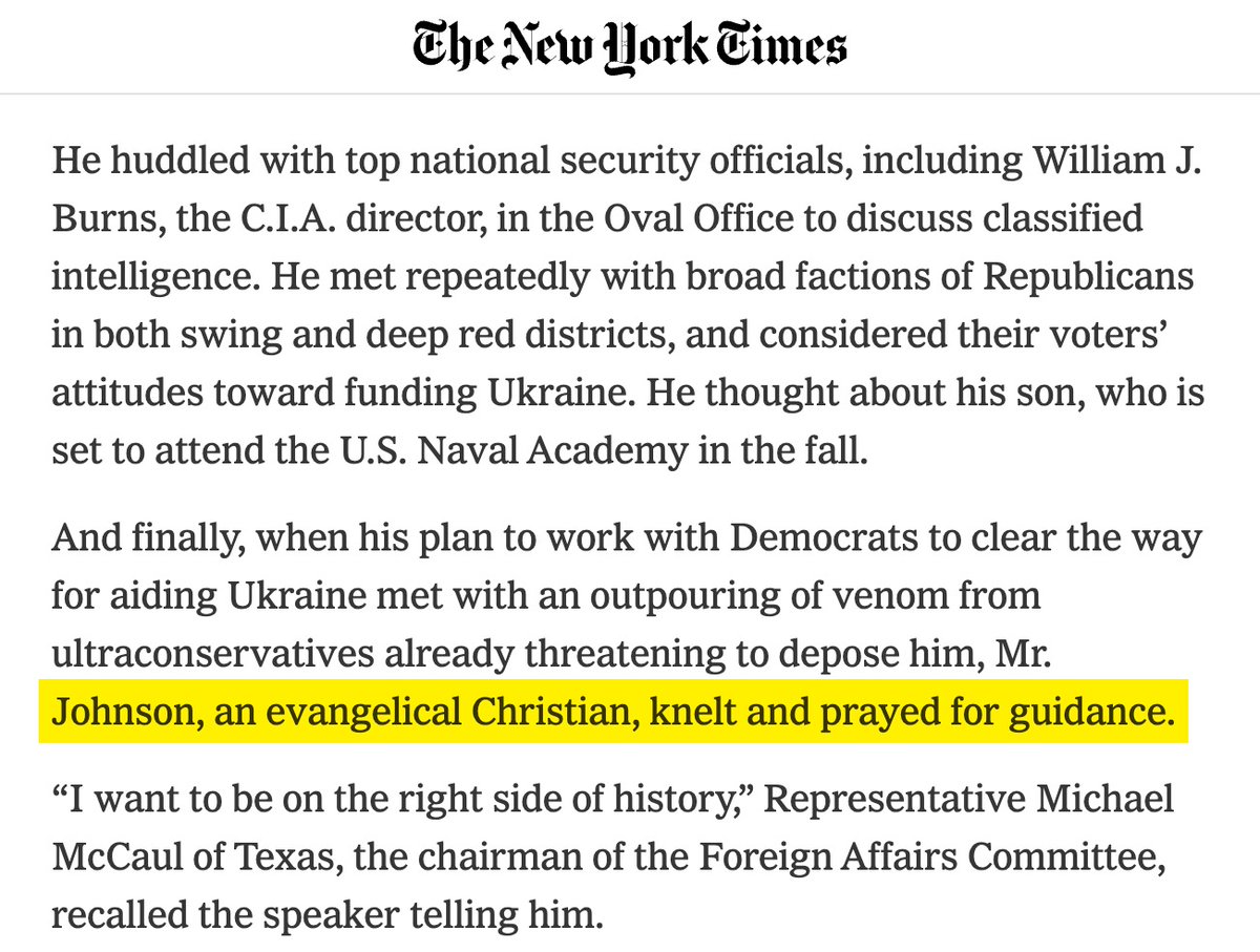 Speaker Mike Johnson reportedly dropped to his knees in prayer for guidance on how to handle the Ukraine matter. Always fascinating when the voice of God becomes interchangeable with the voice of the National Security State
