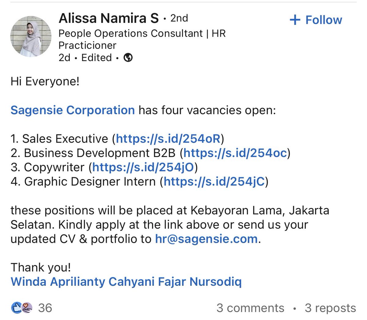 Lowongan Pekerjaan di Sagensi Corporation
Sales Executive
Business Development B2B
Copywriter
Graphic Designer Intern 

#loker #lowongankerja #lowonganpekerjaan #lokerdesain #lokerjakarta #jakarta #lokerjabodetabek