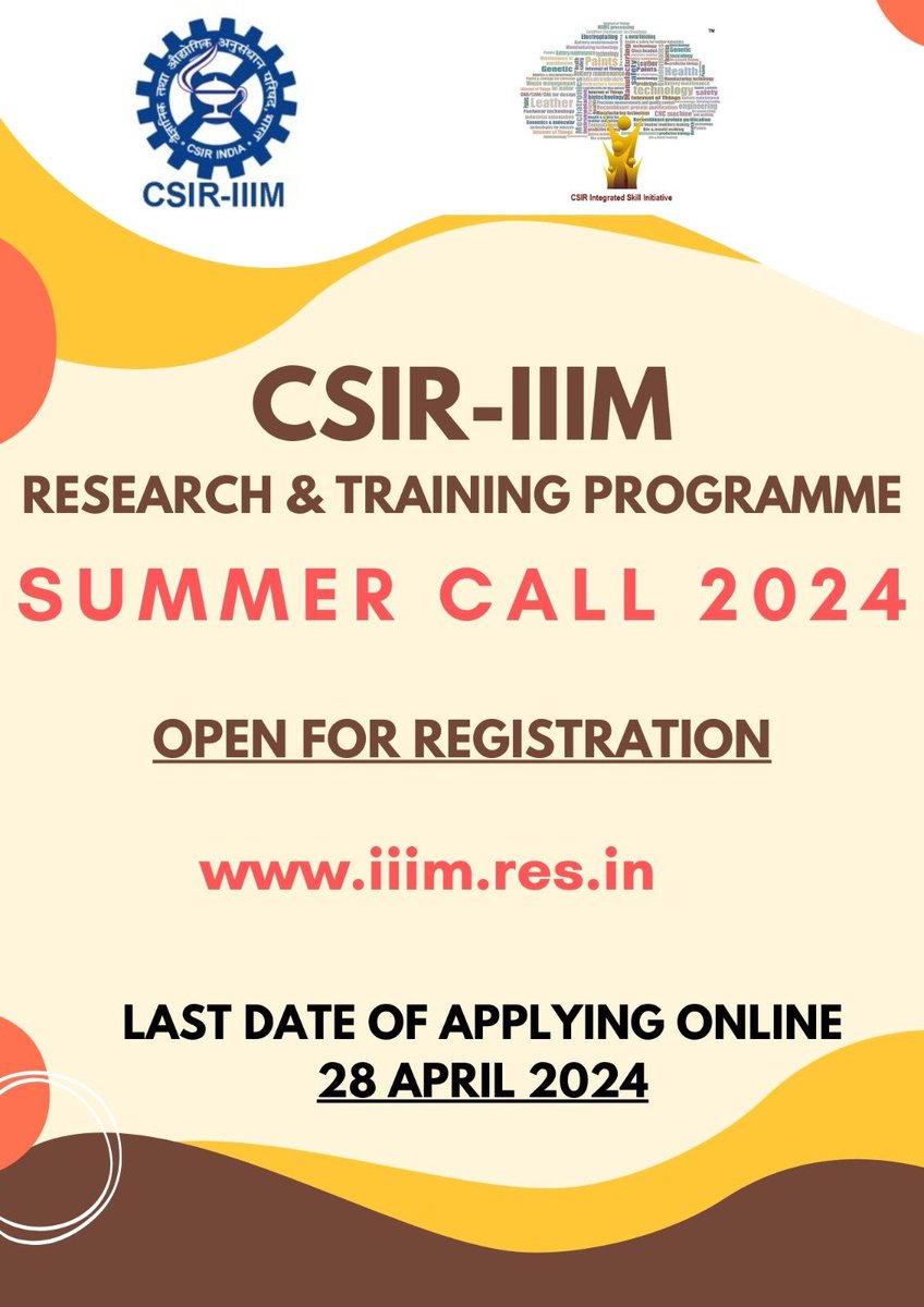 CSIR-IIIM invites applications from prospective candidates of all branches of Biological, Chemical & Agricultural sciences for #CSIR-IIIM #Research & #Training /#Internship Program starting from May 2024. Last date for applying: 28th April For details: iiim.res.in/%f0%9f%85%bd%f…
