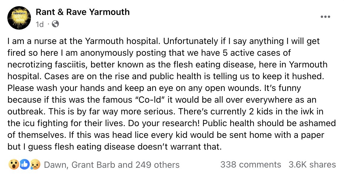 From an anonymous post on a Facebook page. I wonder how often @nshealth @nsgov have stories like this to chase down and check into?