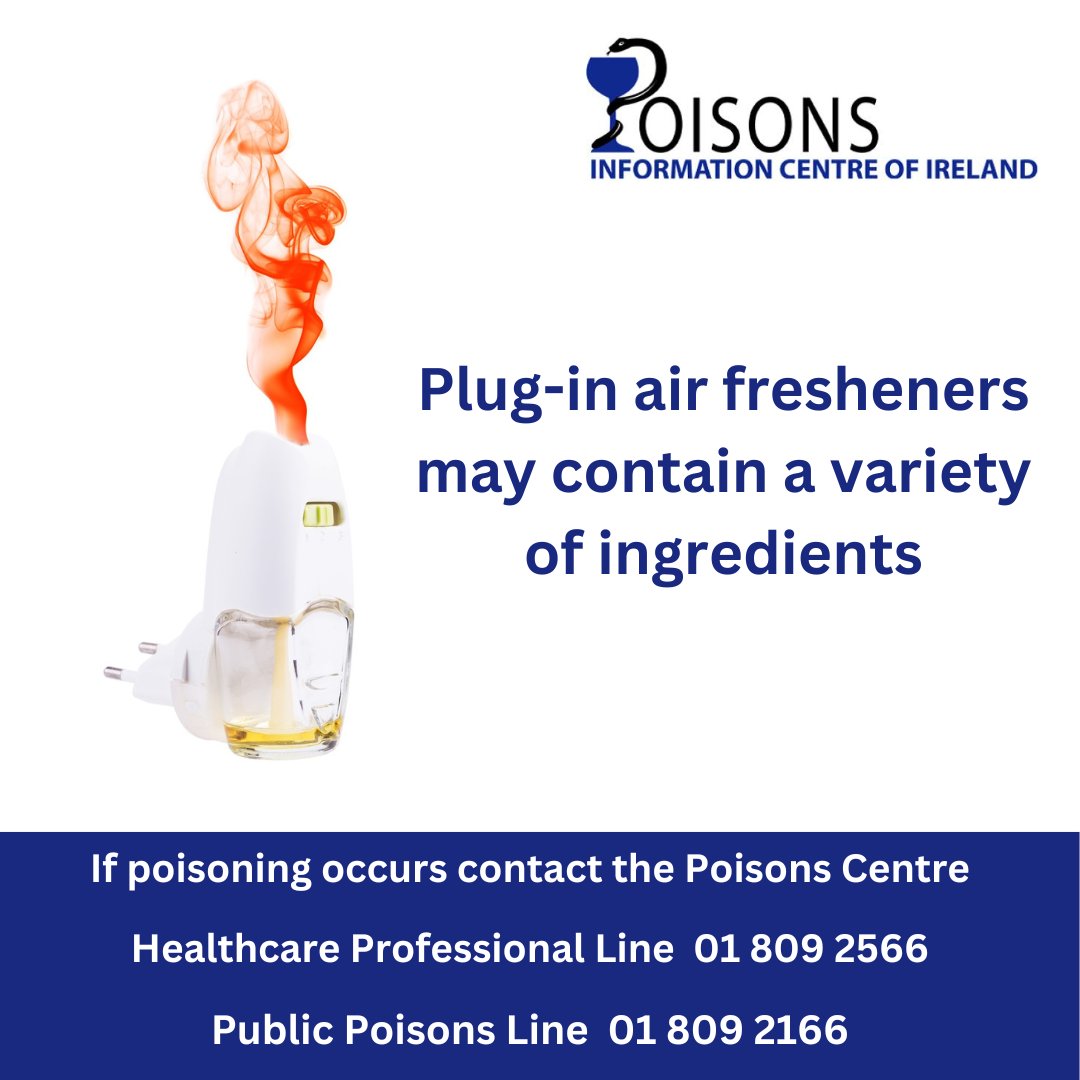 Plug-in air fresheners can contain variety of ingredients with different toxicity profiles. Often the ingredients are not readily available and the packaging is thrown away. If a child ingests any amount of the liquid, call @IrelandNpic  for urgent advice.
