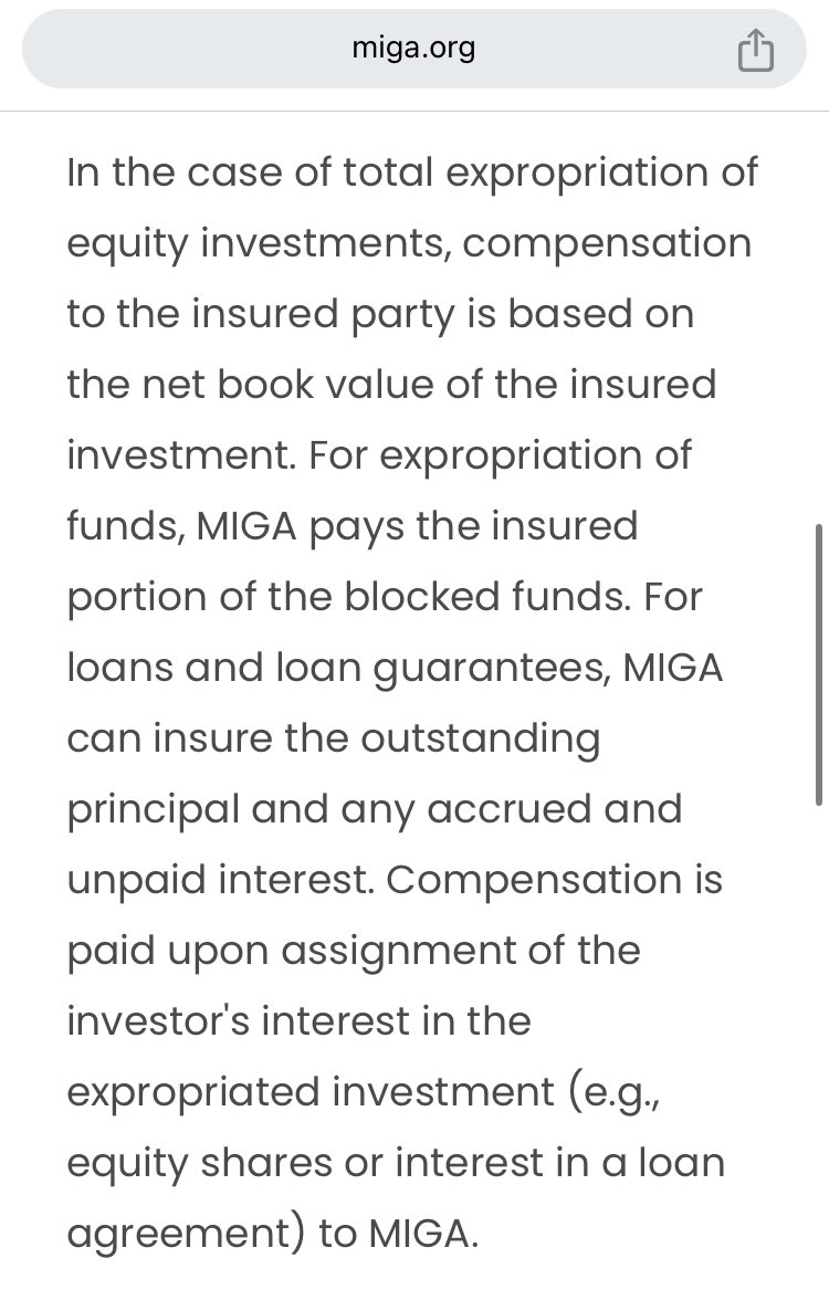 Compensation under investment treaties vs. compensation under MIGA

I was wondering what type of expropriation is covered &amp; level of compensation:
- direct expro
- creeping expro
- partial expro

For “total” expro, compensation based on the net book value

miga.org/product/exprop…