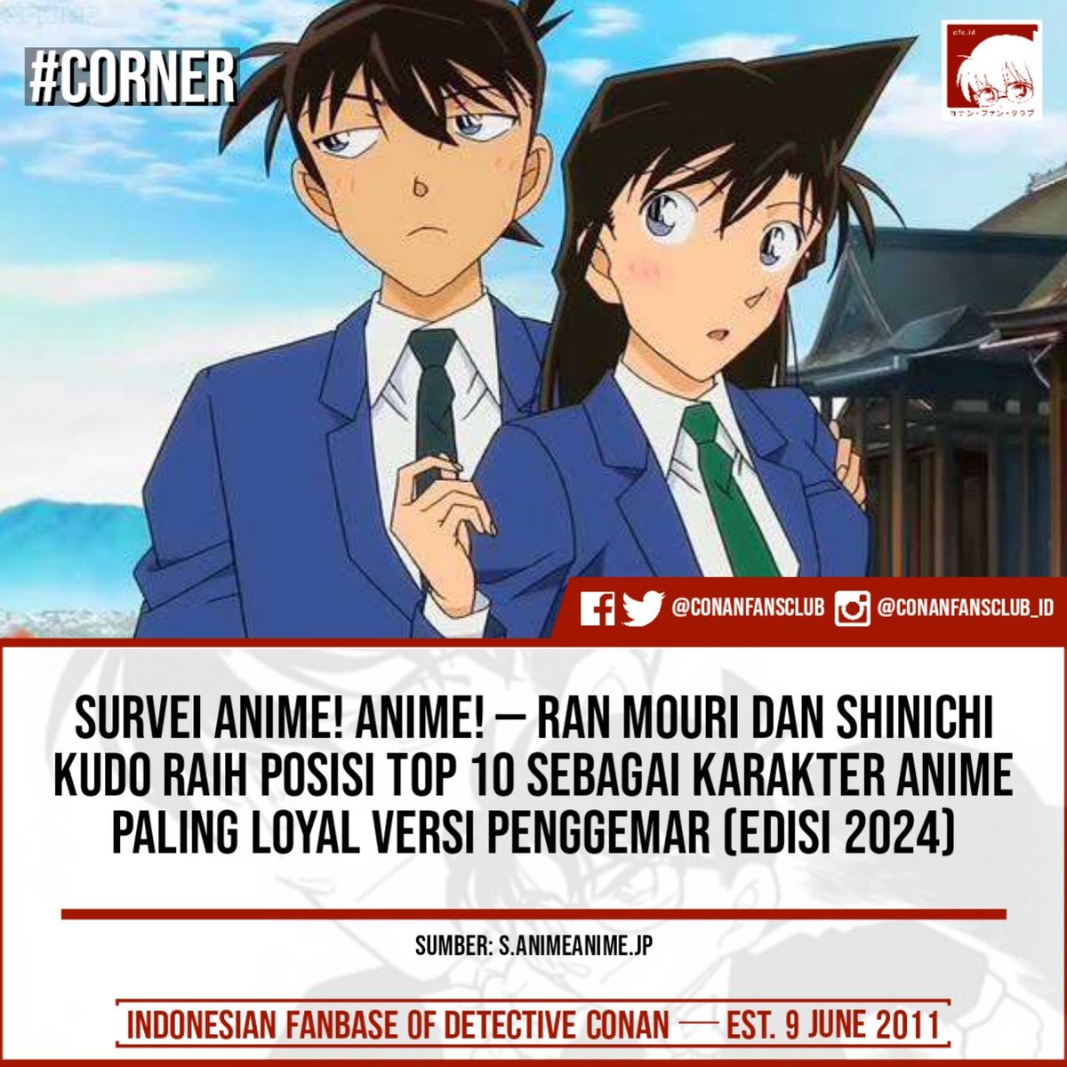 #ConanFansCorner | TOP 10 Karakter Anime Paling Loyal Versi Penggemar (Edisi 2024): 🥇 Hinata Hyuga (Naruto) 🥈 Yuta Okkotsu (Jujutsu Kaisen) 🥉 Ran Mouri (Detective Conan) 4️⃣ Seishiro Nagi (Blue Lock) . 8️⃣ Shinichi Kudo (Detective Conan) (📰 @AnimeAnime_jp)