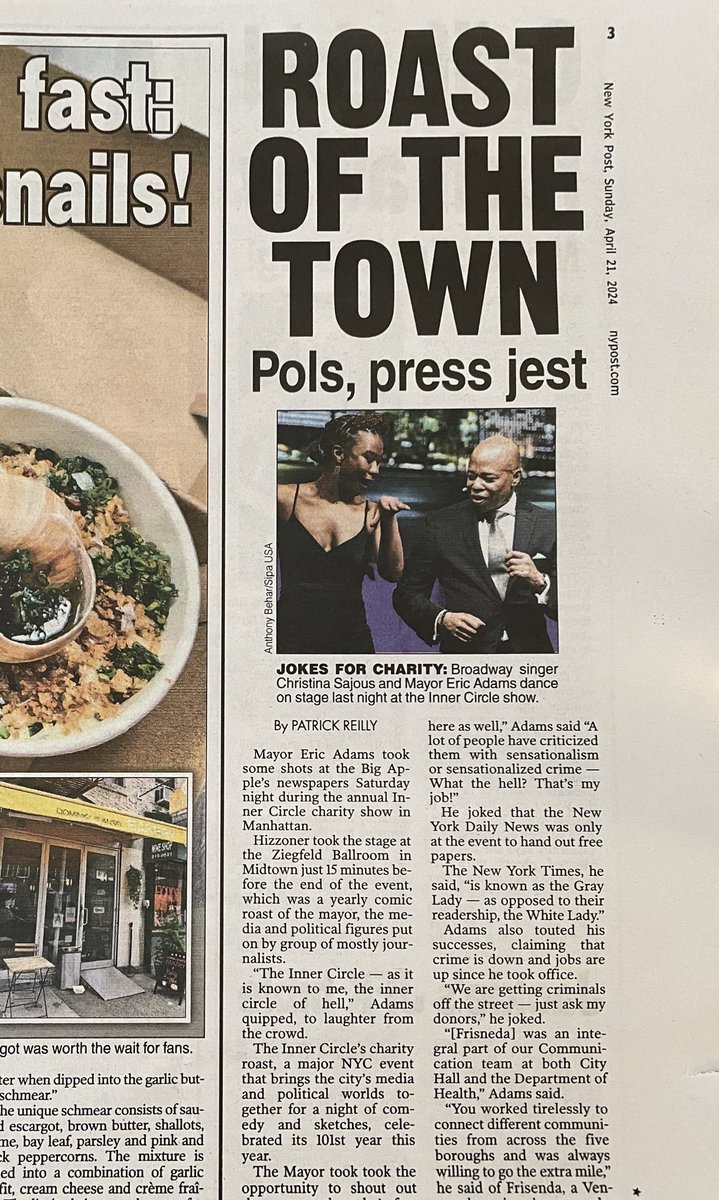 TabCityDiary's tweet photo. “The New York Times, he said, ‘is known as the Gray Lady — as opposed to their readership, the White Lady.”

     —Mayor Eric Adams roasts media at the 101st annual Inner Circle show (via @nypost) https://t.co/UsNGLxMvWe