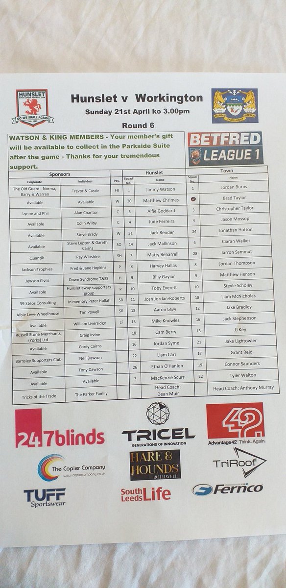 Today's teams for our Betfred league 1 clash v Workington Town. Come on the Huns!!
