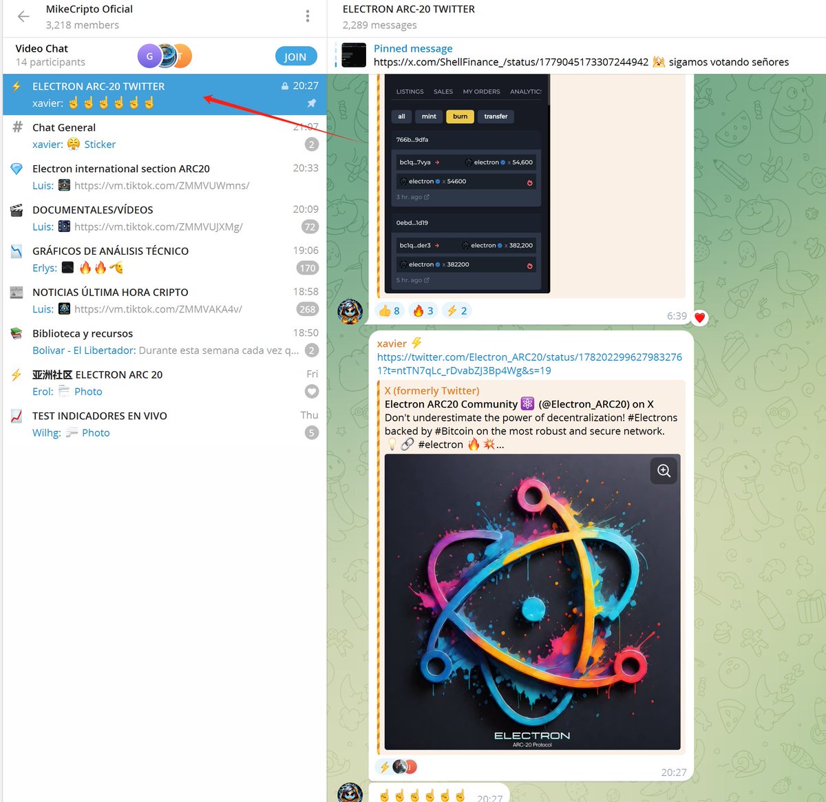 melotalk88's tweet photo. 介绍一下 #electron 的外国社区电报 这里有电子专门顶帖组 有general chat 聊天组很多都在聊电子 有国际和中文电子组 每天晚上还会有视频直播，这个目前是电子社区的电报主力群 https://t.co/62ztSEtqRv
还有电子的discord频道 https://t.co/DAiqXFrzIJ #Atomicals #ARC20 #ordi #sats #Runes https://t.co/vcaJVi7M6w